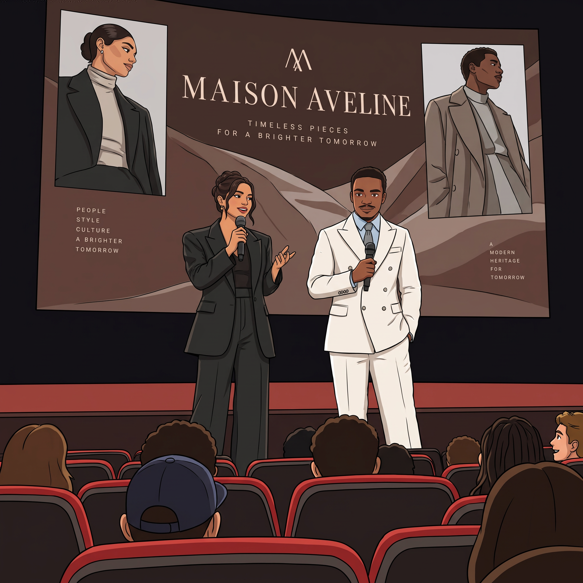 Yannis Kingston et une égérie sur scène lors d’une présentation Fashion on Screen